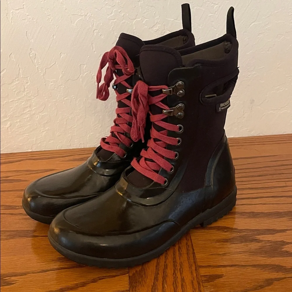 Bogs Boots Women's Size 6 Sidney Solid Neo Tech Black Lace Up Rubber Combat Rain